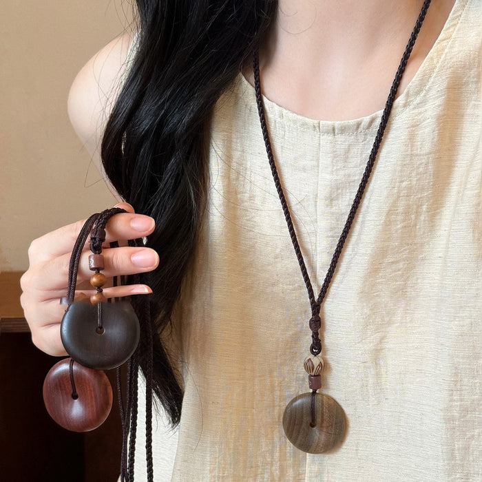 Braided Cord Wood Donut Pendant Necklace Three Tones