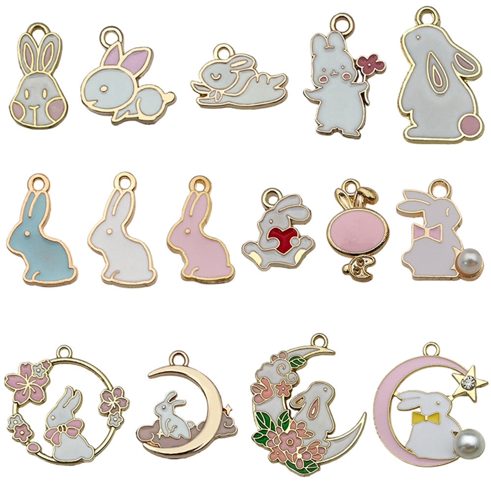 Enamel Zinc Alloy Rose Sakura Rabbit Moon Wreath Flower Charm Pendants for DIY Keychain Jewelry