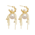 Gold Tone C Hoop Stud Earrings With Pearl And Chain Tassels view 5