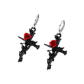 Silver Tone Gothic Cross Rose and Crystal Huggie Drop Earrings view 5