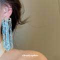 Blue Bead Tassel Stud Earrings With Silver Tone Chains view 3
