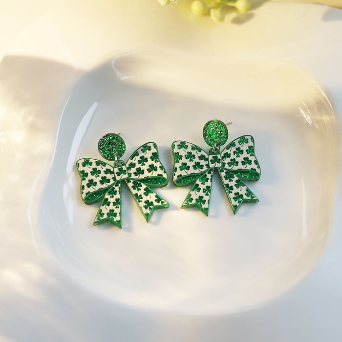 Green Clover Print Bow Stud and Dangle Hook Earrings