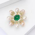 Gold Pearl Flower Brooch Green Cabochon Clear Crystal Leaf Pin view 3