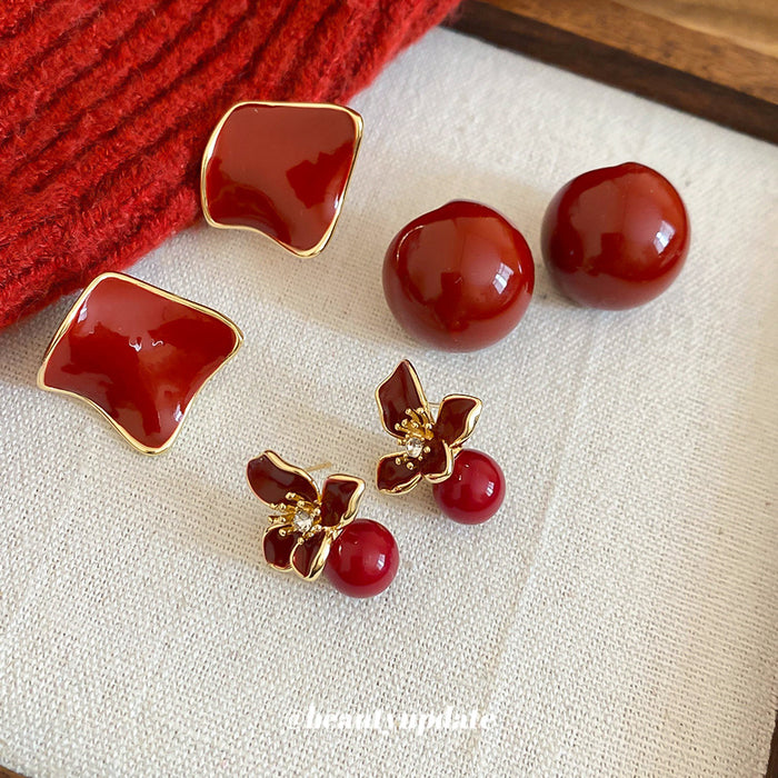 Glossy Red Geometric Stud Earring Set Fashion Jewelry
