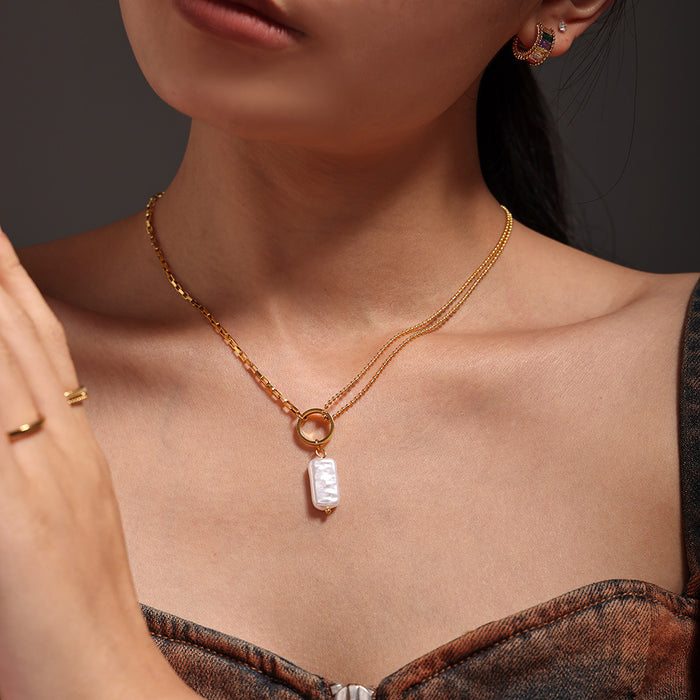 Gold Dual Chain Baroque Imitation Pearl Pendant Necklace