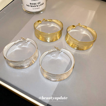 Wide Textured Hoop Earrings in Gold and Silver Tones