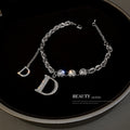 Silver Tone D Letter Charm Chain Bracelet With Clear Stones view 2