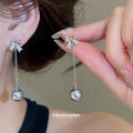 Crystal Bow Chain Earrings With Pearl Drops in Three Colors view 4