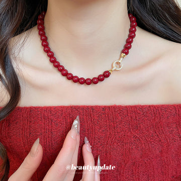 Glossy Red Beaded Necklace with Gold Tone Clasp Fashion Jewelry