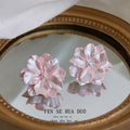 Pink Pearlescent Camellia Flower Stud Earrings Pearl Center view 3