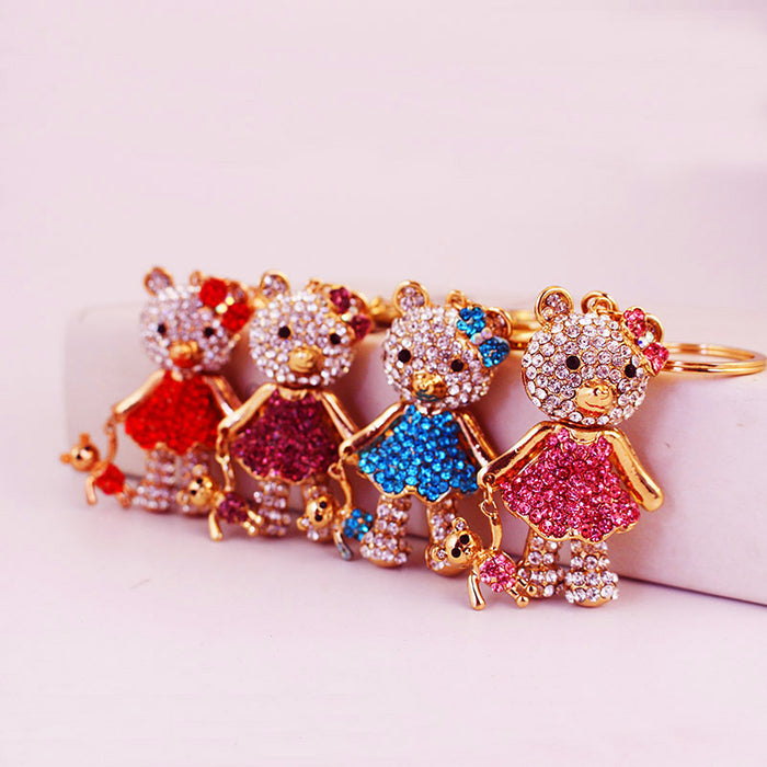 Rhinestone Bear Keychain With Mini Bear Charm And Gold-Tone Hardware