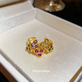 Gold Flower Open Rings Multicolor Gem and Embossed view 4