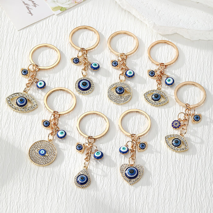 Gold Tone Blue Evil Eye Charm Keychains in Eight Designs