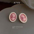 Gold Tone Pink Woman Profile Cameo White Pearl Halo Stud Earrings view 4