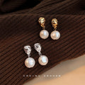 Gold Tone Molten Texture Stud Earrings With Pearl Drop view 4