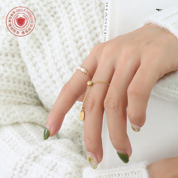 Freshwater Pearl Adjustable Slider Ring Gold Tone Chain