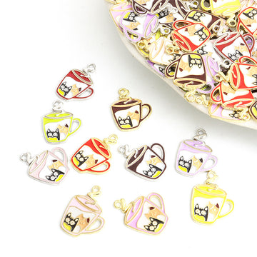 Coffee Cup Cat Enamel Alloy Charm Pendants in Five Colors