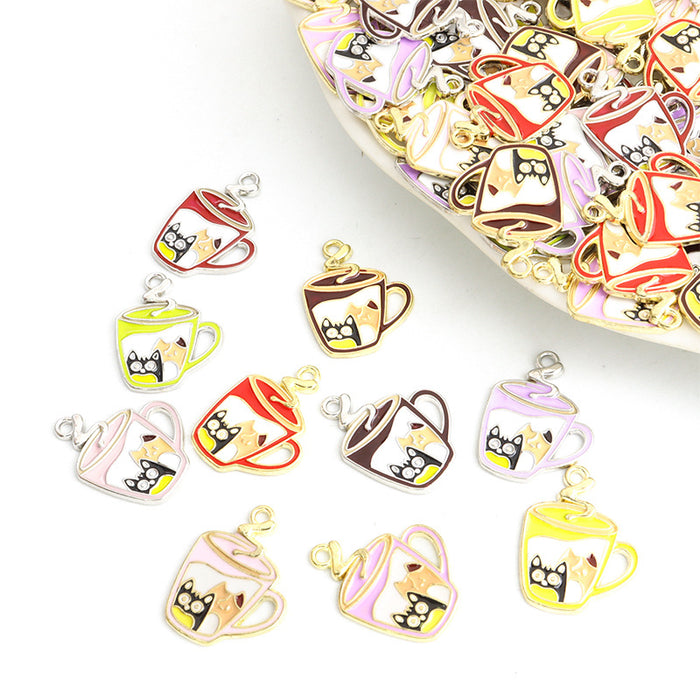Coffee Cup Cat Enamel Alloy Charm Pendants in Five Colors
