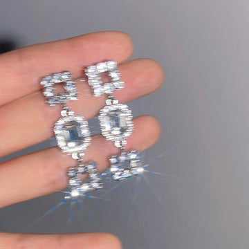 Silver Geometric Square Rhinestone Drop Earrings Clear Crystal