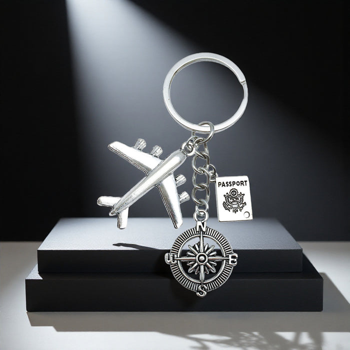 Antique Silver Airplane Passport and Compass Travel Charm Keychain
