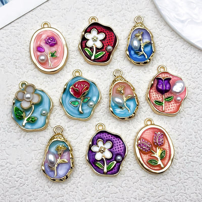 Colorful assorted shape charms arranged on a light background