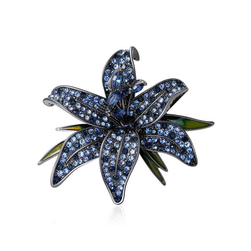 Crystal Lily Flower Brooch In Clear Purple And Blue