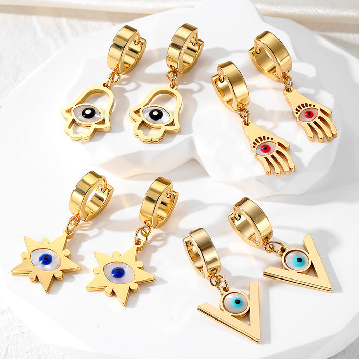 Gold Tone Evil Eye Hamsa and Star Huggie Drop Earrings