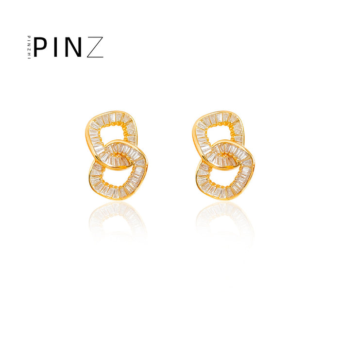 Interlocked Double Oval Baguette CZ Stud Earrings Two Tones