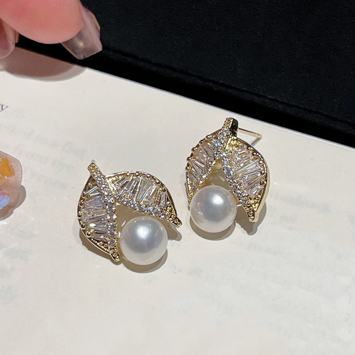 Crystal Leaf And Faux Pearl Stud Earrings In Two Colors