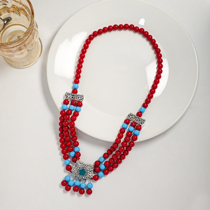 Multi Strand Bead Necklace Silver Filigree Turquoise Red