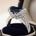 White Gold Tone Blue Cushion Halo Ring Bow Split Band view 3