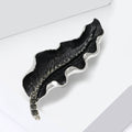 Black Textured Leaf Brooch Silver Rim Dark Crystal Midrib view 3