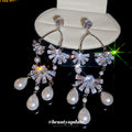 Silver Tone Crystal Petal Pearl Tassel Drop Earrings view 3