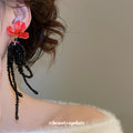 Red Flower And Black Beaded Loop Tassel Statement Earrings view 4