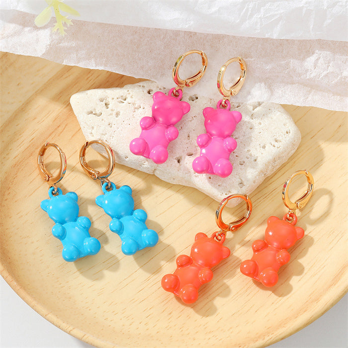 Gold Tone Colorful Resin Gummy Bear Huggie Drop Earrings