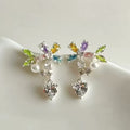 Asymmetric Colorful Flower and Pearl Drop Earrings view 1