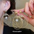 Concentric Circle and Pearl Drop Stud Earrings in Two Tones view 1