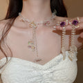 Clear Iridescent Flower Necklace And Earring Set With Purple Roses view 2