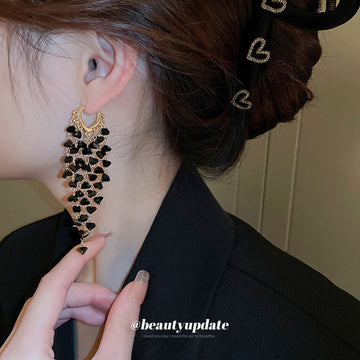 Black Crystal Chandelier Earrings With Gold Tone Tops