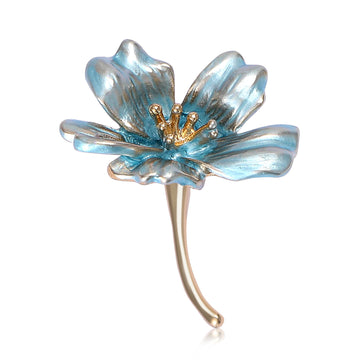 Enamel Flower Brooch Gold Stem Pink Or Blue Petal Pin