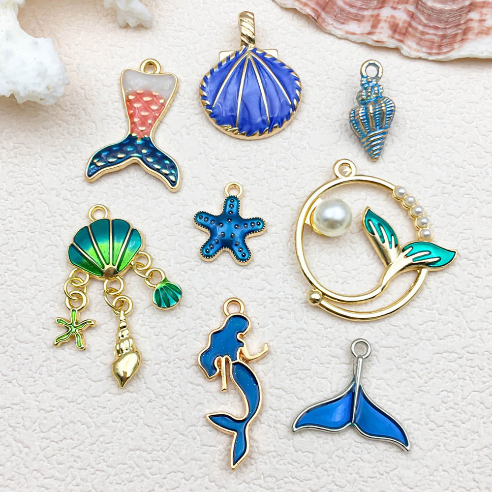 Blue Enamel Zinc Alloy Mermaid Shell Starfish Conch Charm Pendant for DIY Ocean Jewelry