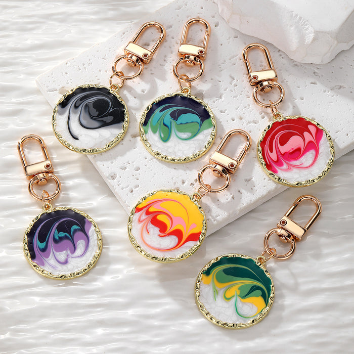 Gold Tone Scalloped Round Marbled Swirl Clip Keychains in Six Colors