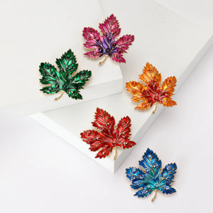 Maple Leaf Brooch with Enamel and Rhinestones, Five Colors, Gold Tone