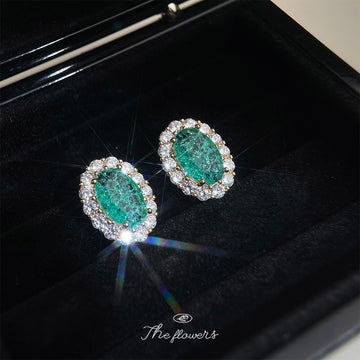 Gold Tone Green Crackle Oval Stone Double Clear Halo Stud Earrings