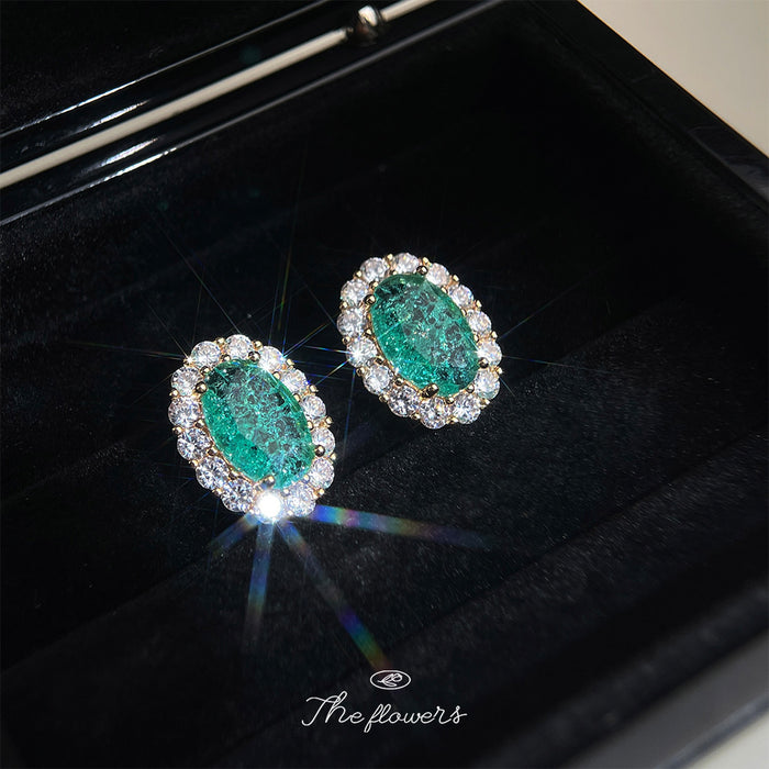 Gold Tone Green Crackle Oval Stone Double Clear Halo Stud Earrings