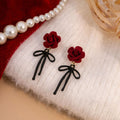 Red Velvet Rose Stud Earrings Black Bow Drop Charms view 3
