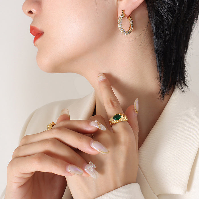 Gold And Steel Pave Zircon U-Shape Hoop Earrings Pair