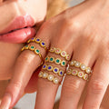 Gold and Silver Open Band Three Halo Colored Stone Rings view 3