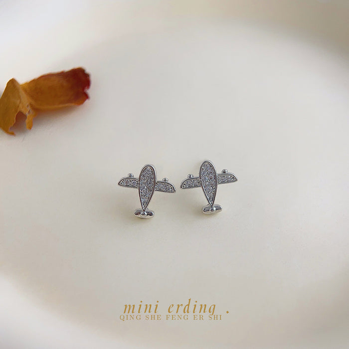 Silver Mini Airplane Pavé Stud Earrings Clear Stones