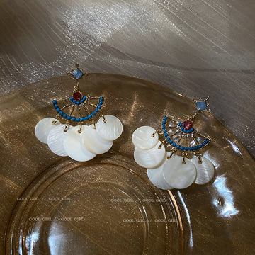 Gold Tone Blue Beaded Fan Shell Disc Drop Earrings